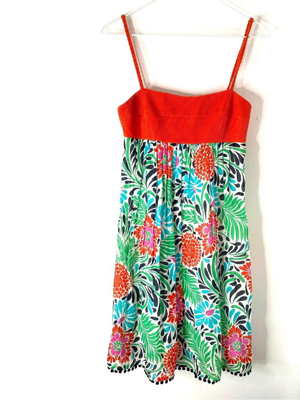 Original Milly of New York Orange Ribbed Top Floral Midi Dress Pom Pom Hem Lined